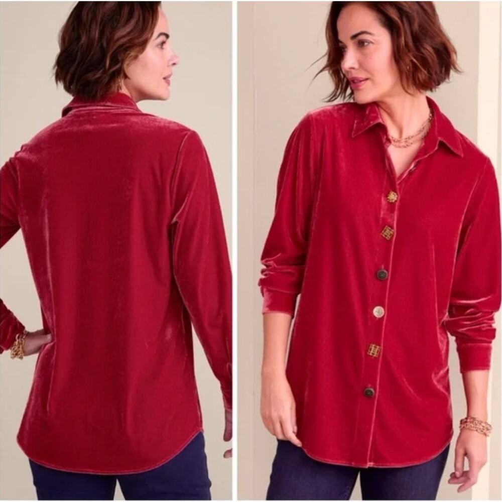 Soft‎ Surroundings Red Velvet Shirt Bohemian Luxe Cottagecore M